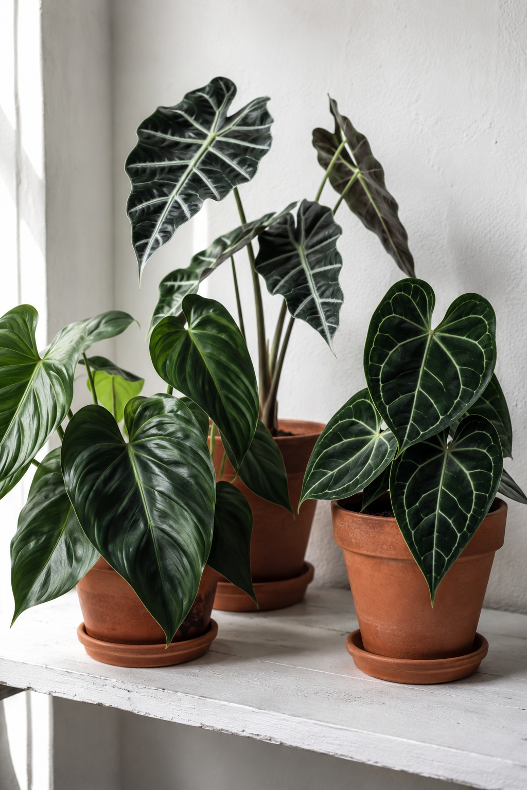 Filodendro y alocasia en macetas de barro junto a una pared blanca