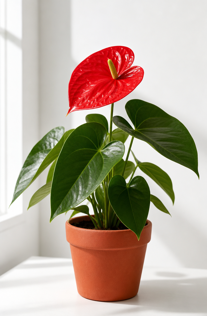 Anthurium con espata roja brillante y hojas verdes