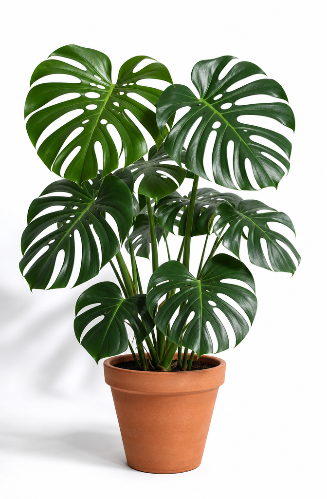 Monstera deliciosa en maceta de barro sobre fondo blanco