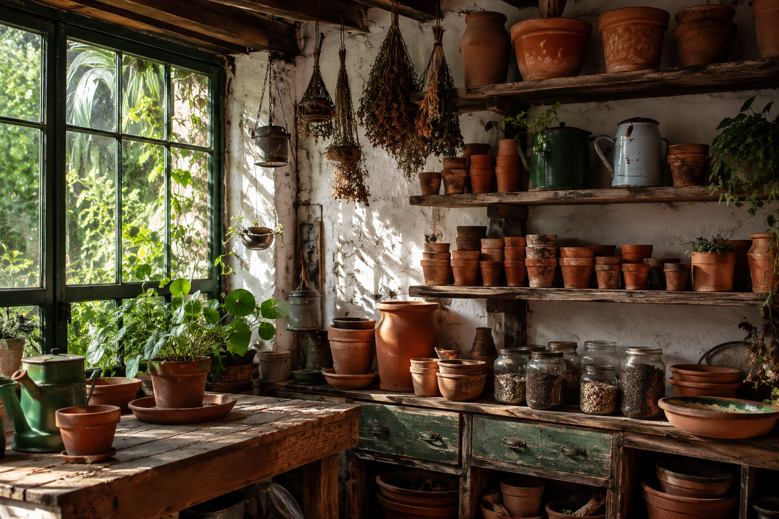 Interior del invernadero con macetas de barro y banco de trabajo de madera